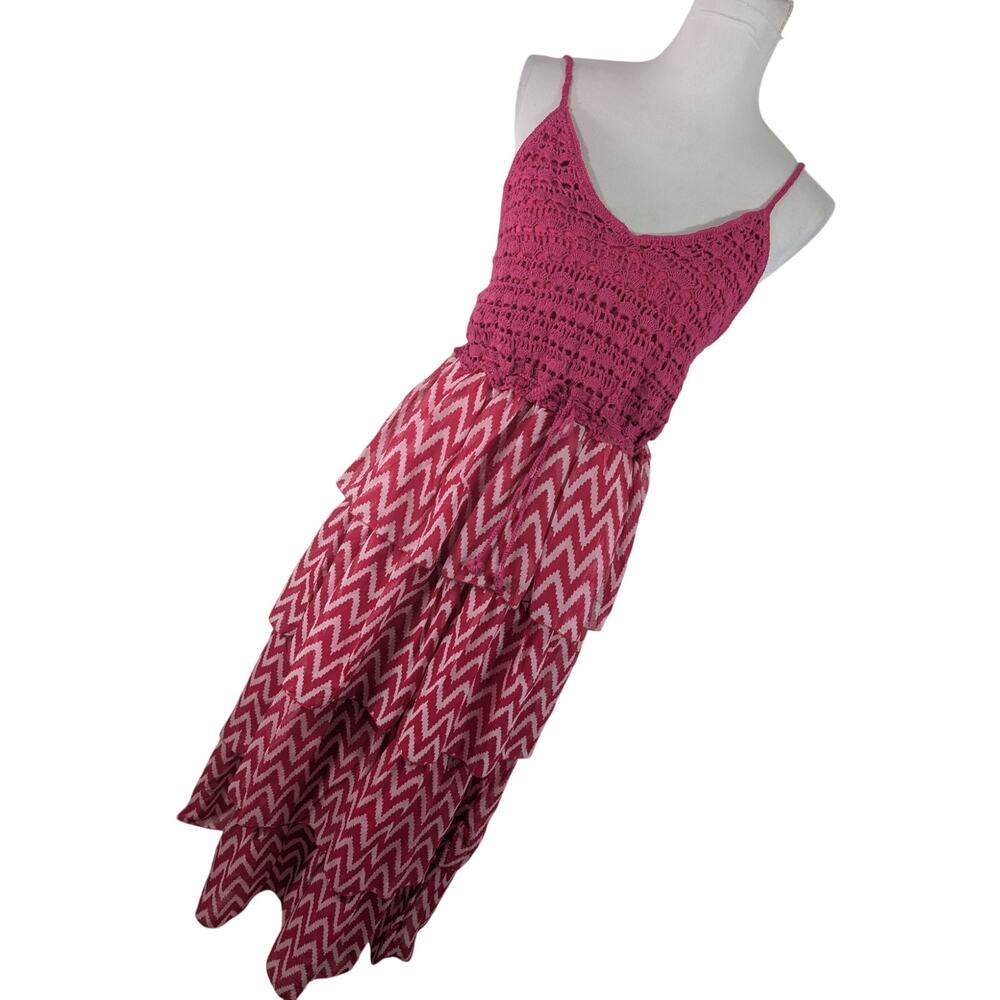 NWT! JESSICA TAYLOR! FUSCHIA & PALE PINK CROCHETED TOP, TIE WAIST MAXI DRESS! S